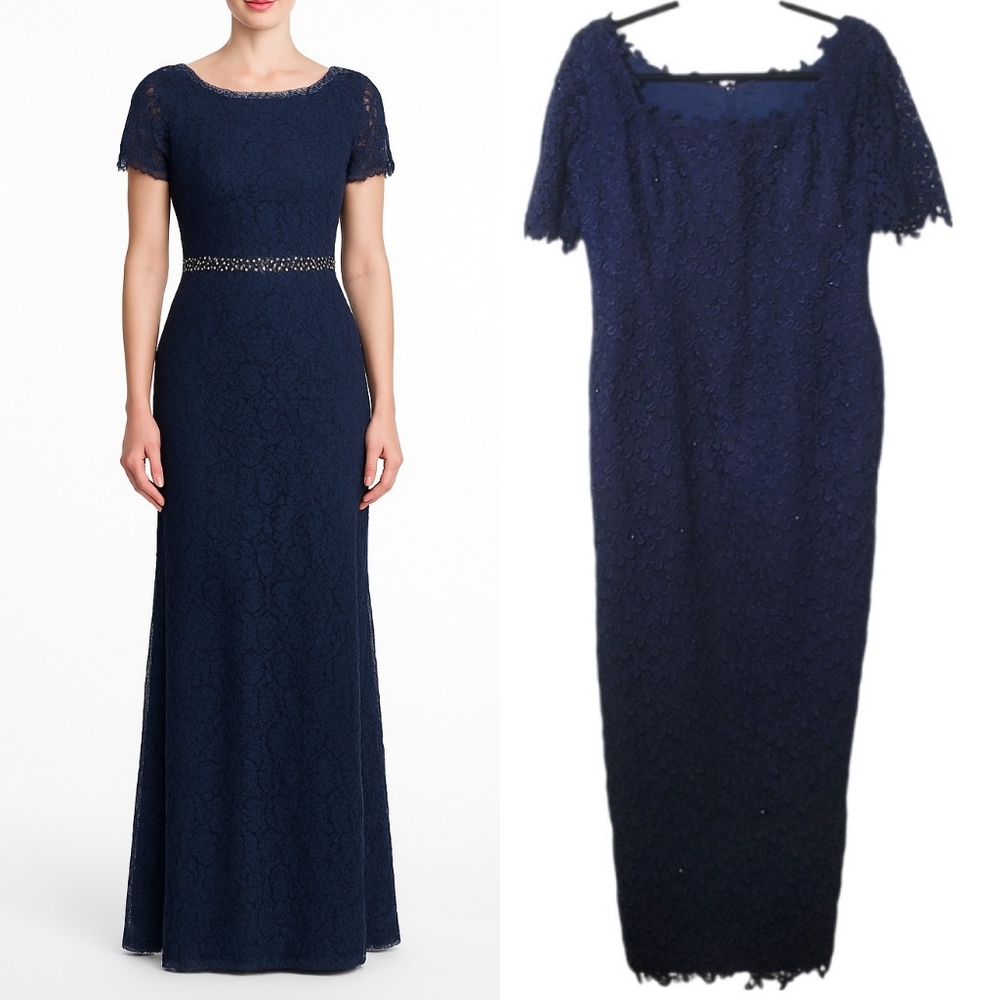 Helen Morley Navy Blue Guipure Lace & Czech Crystals Evening Gown Sheath Dress‎